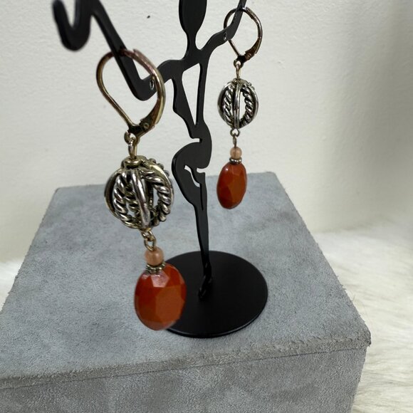 Silver Tone Ball w/ Brown Bead Dangle & Drop Pierced Earrings - Picture 8 of 9